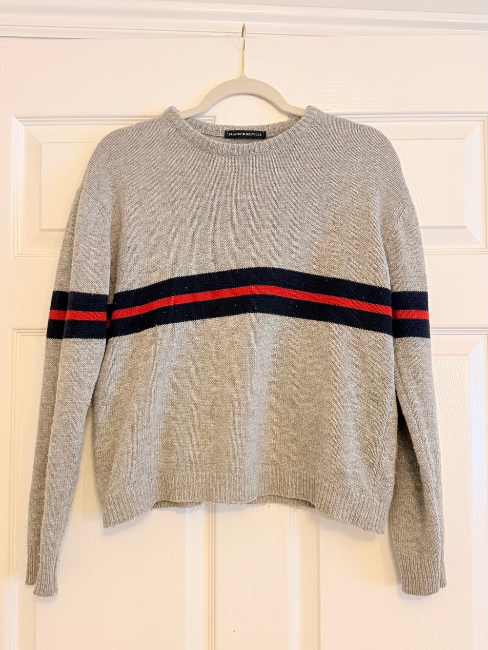 Brandy Melville Gray Crewneck with Navy and Red Stripes